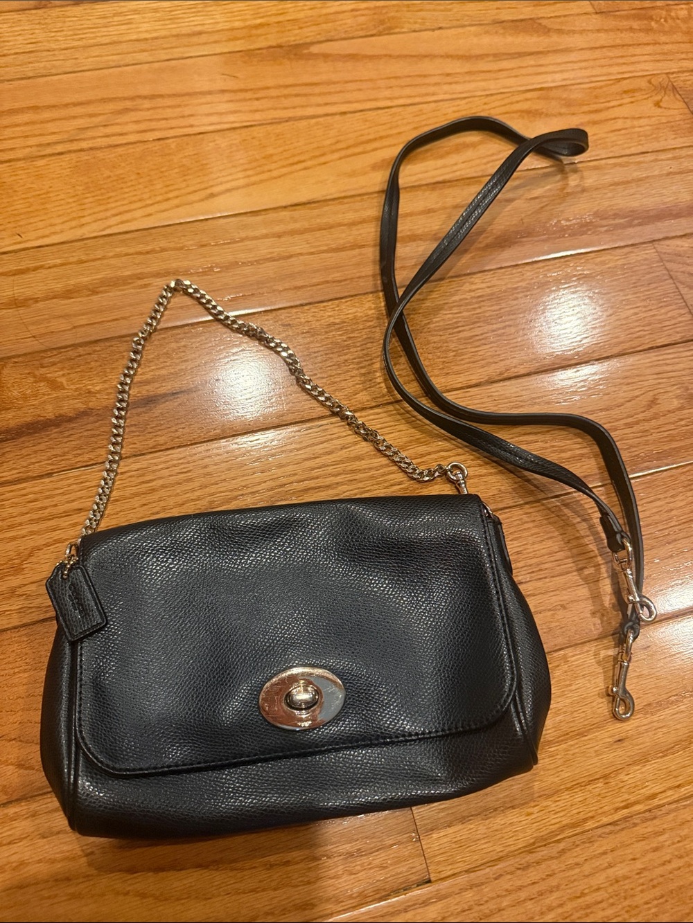 Coach Black Pebbled Leather Crossbody with Gold Chain Accent